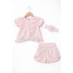 Kardeşler Bebe Kız Bebek Dantelli Şortlu Takım & Saç Bandı – 3’lü Pembe - 0 - 3 Ay