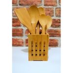 Kare Bambu Standlı - Ahşap Kaşık Spatula Servis Seti -6 Parça