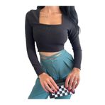 KARE YAKA OTTOMAN SİYAH CROP BLUZ Siyah L