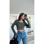 Kare Yaka Uzun Kollu Crop Bluz, Parmak Geçmeli
