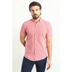 Kareli Bordo Renk Slim Fit Kısa Kollu Keten Erkek Gömlek - 2XL