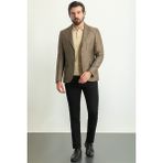 Kareli Kahverengi Slim Fit Mono Yaka Keten Erkek Ceket - 52