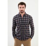 Kareli Kamel Rengi Slim Fit Yün Erkek Gömlek - XL