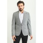 Kareli Lacivert Renk Slim Fit Mono Yaka Keten Erkek Ceket - 46 - Gri