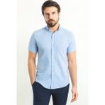 Kareli Mavi Renk Slim Fit Kısa Kollu Keten Erkek Gömlek
