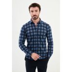 Kareli Mavi Slim Fit Yün Erkek Gömlek - XL