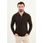 Kareli Slim Fit Polo Yaka Fermuarlı Uzun Kollu Erkek T-Shirt - Kahverengi