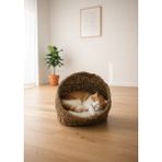 Karen Banyo Oval Gölgelikli Hasır Kedi ve Köpek Yatağı, Kedi Evi Örme Sepet Minder Dahil - 0 - 1 Yaş - Ahşap
