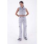 Kargo Cepli Detaylı ve Yüksek Belli Tam Boy Relaxed Kadın Kargo Kot Pantolon Açık Gri Kar Denim