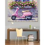 Karizmart Çiçekli Pencere Önündeki Pembe Vespa Motosiklet Dekoratif Kanvas - Mdf Ahşap Tablo