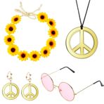 Karjiaja 5 parçalı hippi kostüm seti hippi aksesuarları ile 60s retro vintage gözlük, barış işareti kolye kadın ve renkli hippi kafa bandı 60s 70s 80s parti elbise aksesuar seti