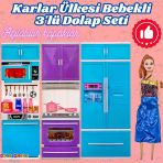 Karlar Ülkesi Bebekli Üçlü Mutfak Seti - Frozen Modern Mutfak Seti - Işıklı Sesli Mutfak Oyuncak - Fırın, Buzdolabı, Bul