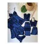 KARLİNAX İpeksi Saten Lacivert Dev 8 Parça Gecelik Sabahlık Pijama Çeyiz Seti