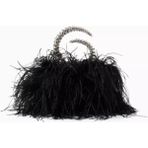 Karma Feather Clutch Siyah Tüy Kaplama & Kristal Saplı Zarif Gece Çantası