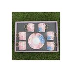 Karma Home Pembe-Mavi Çiçek Desenli 12 Parça Porselen Kahve Fincan Seti (6 Kişilik) Pembe