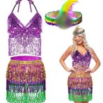 Karnaval Maskesi Etek Kostüm Seti, Payet Aksesuarları ve Üç Renkli Tüylü Saç Bandı Parti Modası Masquerade Partisi için Venedik Maskesi (Purple, One Size)