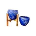 Karokstore Bitki Tasarımı Ev Dekorasyon Lacivert Üzeri Beyaz Mermer Efektli Toprak Saksı Saksılık Salon Çiçeklik Ikili Set Ayaksız - 4 Ayaklı- 15 cm