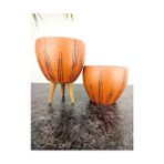 Karokstore Bitki Tasarımı Ev Dekorasyon Siyah Çizgi Desenli Terrakota Toprak Saksı Saksılık Salon Çiçeklik Ikili Set Ayaksız - 3 Ayaklı- 15 cm