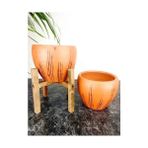 Karokstore Bitki Tasarımı Ev Dekorasyon Siyah Çizgi Desenli Terrakota Toprak Saksı Saksılık Salon Çiçeklik Ikili Set Ayaksız - 4 Ayaklı- 15 cm