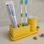 Karra Art 3 Parça Beton Banyo Seti – Diş Fırçalık, Kulak Çubuğu Kutusu Ve 15x10 Cm Tepsi | Minimalist Tasarım