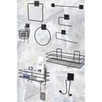 Karteya 9'lu Set Siyah Fön Makinesi Askısı Havluluk Wc/tuvalet Kağıtlık Rulo Havluluk Şampunanlık Banyo Set