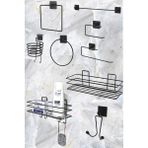 Karteya Siyah Banyo Aksesuarları 9'lu Set Fön Makinesi Askısı Havluluk ve Kağıtlık