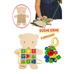 KAŞIKBEY Teddy Bear Düğme Dikme Oyunu Eğitici Ahşap Ayıcık Duyu Motor Beceri Gelişim İp Geçirme Oyunu