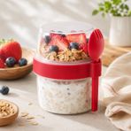 Kaşıklı 400 ml Müsli Saklama Kabı, Taşınabilir Yoğurt ve Beslenme Kabı, Pratik Atıştırmalık ve Kahvaltılık Saklama Kabı (Kırmızı)