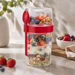 Kaşıklı 550 ml Müsli Saklama Kabı, Taşınabilir Yoğurt ve Beslenme Kabı, Pratik Atıştırmalık ve Kahvaltılık Saklama Kabı (Kırmızı)