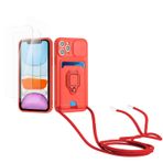 Kaslly için iPhone 11 Pro Telefonu Kılıfı,[2 adet Ekran Koruyucu],Kayar Kamera Kapağı,Halka Tutucu Destek Standı,Telefonu Zinciri(Çıkarılabilir), Kart Yuvaları-Kırmızı