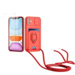 Kaslly için iPhone 11 Telefonu Kılıfı,[2 adet Ekran Koruyucu],Kayar Kamera Kapağı,Halka Tutucu Destek Standı,Telefonu Zinciri(Çıkarılabilir), Kart Yuvaları-Kırmızı
