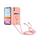 Kaslly için iPhone 12 Pro Max Telefonu Kılıfı,[2 adet Ekran Koruyucu],Kayar Kamera Kapağı,Halka Tutucu Destek Standı,Telefonu Zinciri(Çıkarılabilir), Kart Yuvaları-Pembe