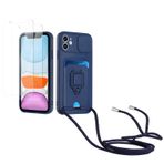 Kaslly için iPhone 12/iPhone 12 Pro Telefonu Kılıfı,[2 adet Ekran Koruyucu],Kayar Kamera Kapağı,Halka Tutucu Destek Standı,Telefonu Zinciri(Çıkarılabilir), Kart Yuvaları-lacivert
