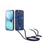 Kaslly için iPhone 13 Telefonu Kılıfı,[2 adet Ekran Koruyucu],Kayar Kamera Kapağı,Halka Tutucu Destek Standı,Telefonu Zinciri(Çıkarılabilir), Kart Yuvaları-lacivert