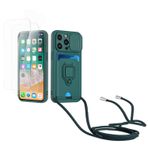 Kaslly için iPhone 14 Pro Max Telefonu Kılıfı,[2 adet Ekran Koruyucu],Kayar Kamera Kapağı,Halka Tutucu Destek Standı,Telefonu Zinciri(Çıkarılabilir), Kart Yuvaları-Koyu Yeşil