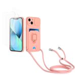 Kaslly için iPhone 15 Plus Telefonu Kılıfı,[2 adet Ekran Koruyucu],Kayar Kamera Kapağı,Halka Tutucu Destek Standı,Telefonu Zinciri(Çıkarılabilir), Kart Yuvaları-Pembe