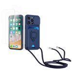 Kaslly için iPhone 15 Pro Max Telefonu Kılıfı,[2 adet Ekran Koruyucu],Kayar Kamera Kapağı,Halka Tutucu Destek Standı,Telefonu Zinciri(Çıkarılabilir), Kart Yuvaları-lacivert