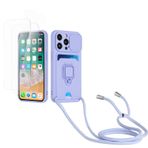 Kaslly için iPhone 15 Pro Max Telefonu Kılıfı,[2 adet Ekran Koruyucu],Kayar Kamera Kapağı,Halka Tutucu Destek Standı,Telefonu Zinciri(Çıkarılabilir), Kart Yuvaları-Mor