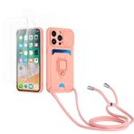Kaslly için iPhone 15 Pro Max Telefonu Kılıfı,[2 adet Ekran Koruyucu],Kayar Kamera Kapağı,Halka Tutucu Destek Standı,Telefonu Zinciri(Çıkarılabilir), Kart Yuvaları-Pembe