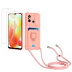 Kaslly için Redmi 12C 4G/Redmi 11A 4G Telefonu Kılıfı,[2 adet Ekran Koruyucu],Kayar Kamera Kapağı,Halka Tutucu Destek Standı,Telefonu Zinciri(Çıkarılabilir), Kart Yuvaları-Kırmızı