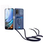 Kaslly için Redmi 9T/Redmi 9 Power/Xiaomi Poco M3 Telefonu Kılıfı,[2 adet Ekran Koruyucu],Kayar Kamera Kapağı,Halka Tutucu Destek Standı,Telefonu Zinciri(Çıkarılabilir), Kart Yuvaları-lacivert