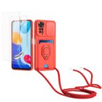 Kaslly için Redmi Note 11 Pro/Note 11 Pro 5G Telefonu Kılıfı,[2 adet Ekran Koruyucu],Kayar Kamera Kapağı,Halka Tutucu Destek Standı,Telefonu Zinciri(Çıkarılabilir), Kart Yuvaları-Kırmızı