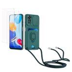 Kaslly için Redmi Note 11 Pro/Note 11 Pro 5G Telefonu Kılıfı,[2 adet Ekran Koruyucu],Kayar Kamera Kapağı,Halka Tutucu Destek Standı,Telefonu Zinciri(Çıkarılabilir), Kart Yuvaları-Koyu Yeşil