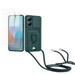 Kaslly için Redmi Note 13 4G Telefonu Kılıfı,[2 adet Ekran Koruyucu],Kayar Kamera Kapağı,Halka Tutucu Destek Standı,Telefonu Zinciri(Çıkarılabilir), Kart Yuvaları-Koyu Yeşil