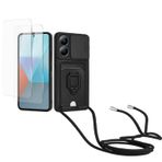 Kaslly için Redmi Note 13 4G Telefonu Kılıfı,[2 adet Ekran Koruyucu],Kayar Kamera Kapağı,Halka Tutucu Destek Standı,Telefonu Zinciri(Çıkarılabilir), Kart Yuvaları-Siyah