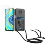 Kaslly için Redmi Note 9 Pro/Note 9 Pro Max/Note 9S Telefonu Kılıfı,[2 adet Ekran Koruyucu],Kayar Kamera Kapağı,Halka Tutucu Destek Standı,Telefonu Zinciri(Çıkarılabilir), Kart Yuvaları-Siyah