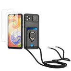 Kaslly için Samsung Galaxy A04/A04E Telefonu Kılıfı,[2 adet Ekran Koruyucu],Kayar Kamera Kapağı,Halka Tutucu Destek Standı,Telefonu Zinciri(Çıkarılabilir), Kart Yuvaları-Siyah