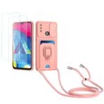Kaslly için Samsung Galaxy A10S Telefonu Kılıfı,[2 adet Ekran Koruyucu],Kayar Kamera Kapağı,Halka Tutucu Destek Standı,Telefonu Zinciri(Çıkarılabilir), Kart Yuvaları-Pembe
