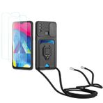 Kaslly için Samsung Galaxy A10S Telefonu Kılıfı,[2 adet Ekran Koruyucu],Kayar Kamera Kapağı,Halka Tutucu Destek Standı,Telefonu Zinciri(Çıkarılabilir), Kart Yuvaları-Siyah