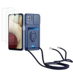 Kaslly için Samsung Galaxy A12/M12/F12 Telefonu Kılıfı,[2 adet Ekran Koruyucu],Kayar Kamera Kapağı,Halka Tutucu Destek Standı,Telefonu Zinciri(Çıkarılabilir), Kart Yuvaları-lacivert